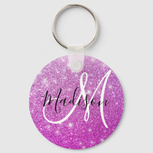 Girly & Glam Purple Glitter Sparkles Monogram Name Key Ring