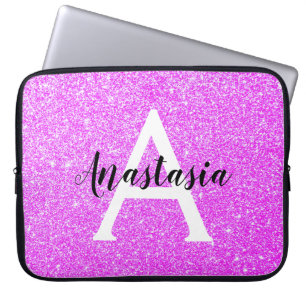 Girly Glam Purple Glitter Sparkles Monogram Name Laptop Sleeve