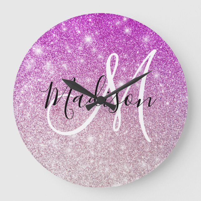 Girly & Glam Purple Glitter Sparkles Monogram Name Large Clock (Front)