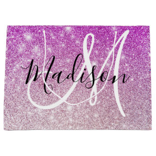 Girly & Glam Purple Glitter Sparkles Monogram Name Large Gift Bag