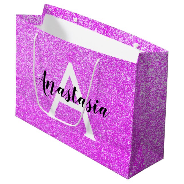 Girly Glam Purple Glitter Sparkles Monogram Name Large Gift Bag (Front Angled)