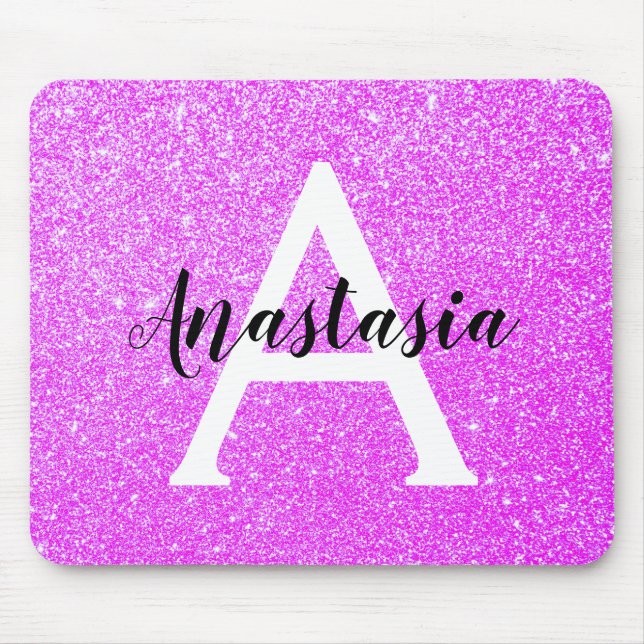 Girly Glam Purple Glitter Sparkles Monogram Name Mouse Mat (Front)