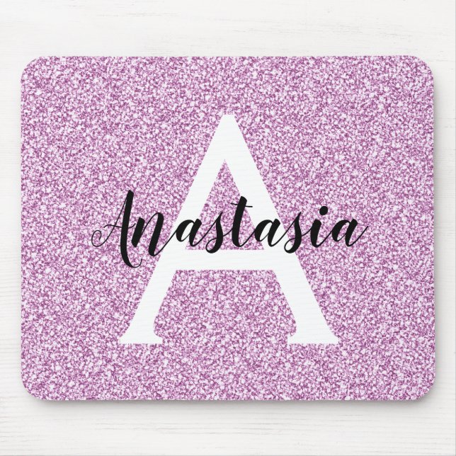 Girly Glam Purple Glitter Sparkles Monogram Name Mouse Mat (Front)