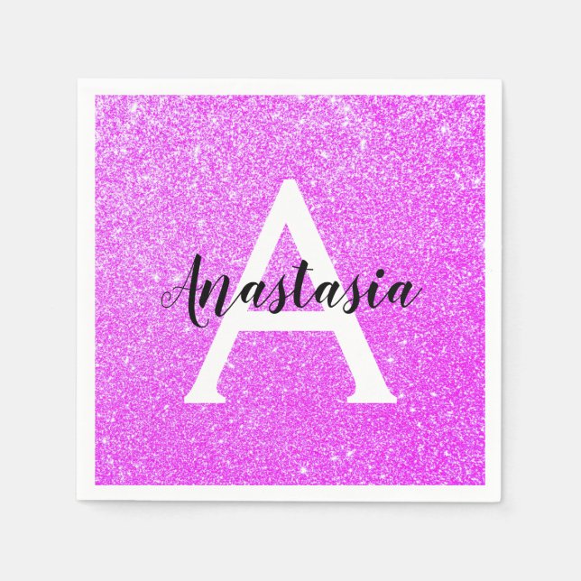 Girly Glam Purple Glitter Sparkles Monogram Name Napkin (Front)