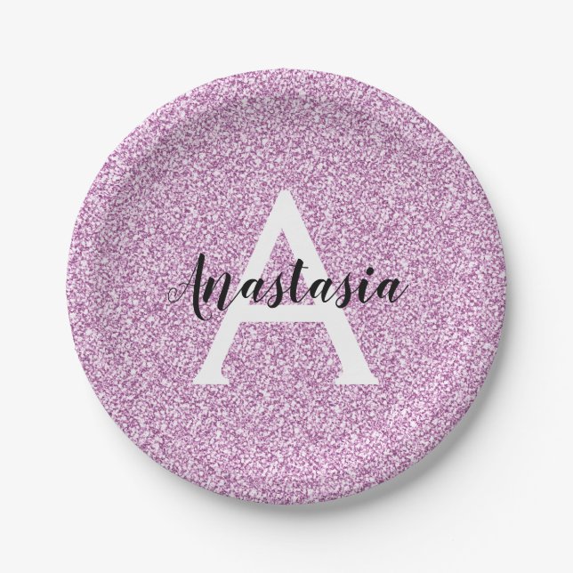 Girly Glam Purple Glitter Sparkles Monogram Name Paper Plate (Front)