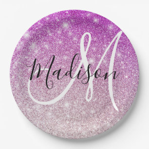 Girly & Glam Purple Glitter Sparkles Monogram Name Paper Plate