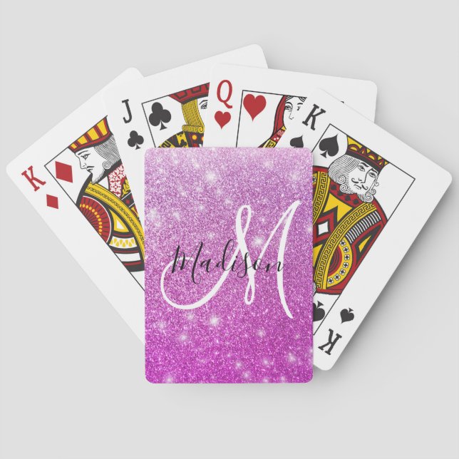 Girly & Glam Purple Glitter Sparkles Monogram Name Playing Cards (Back)