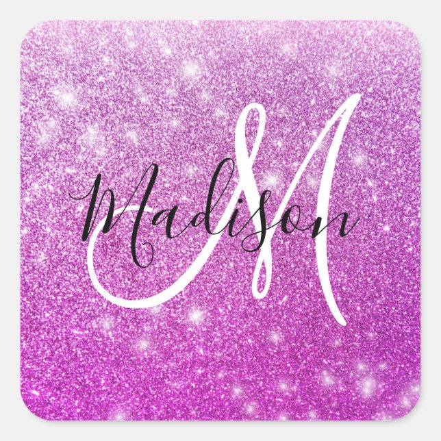 Girly & Glam Purple Glitter Sparkles Monogram Name Square Sticker (Front)