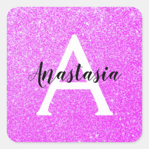 Girly Glam Purple Glitter Sparkles Monogram Name Square Sticker