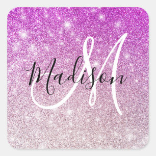 Girly & Glam Purple Glitter Sparkles Monogram Name Square Sticker