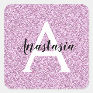 Girly Glam Purple Glitter Sparkles Monogram Name Square Sticker