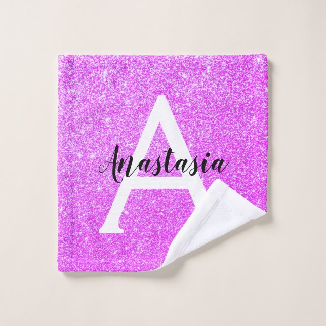 Girly Glam Purple Glitter Sparkles Monogram Name Wash Cloth (Wash Cloth)