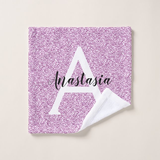 Girly Glam Purple Glitter Sparkles Monogram Name Wash Cloth (Wash Cloth)