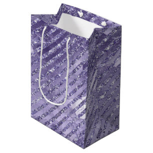 Girly Glam Purple Glitter Stripes Birthday Medium Gift Bag