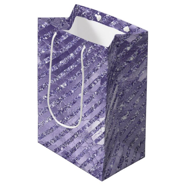 Girly Glam Purple Glitter Stripes Birthday Medium Gift Bag (Front Angled)