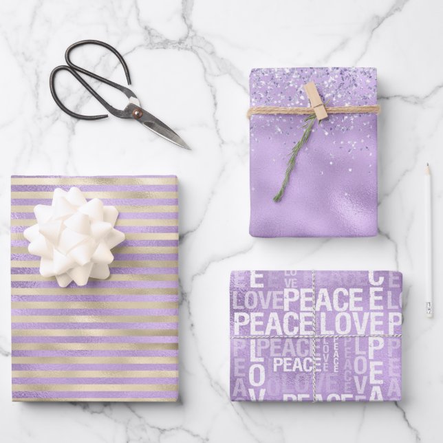 Girly Glam Purple Gold Love Peace Wrapping Paper Sheet (Front)