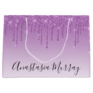 Girly & Glam Purple Lilac Glitter Drips Name Large Gift Bag