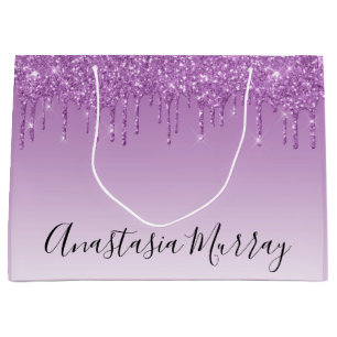 Girly & Glam Purple Lilac Glitter Drips Name Large Gift Bag