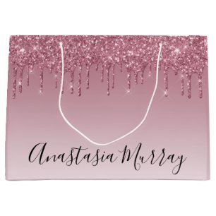 Girly & Glam Purple Rose Gold Glitter Drips Name Large Gift Bag
