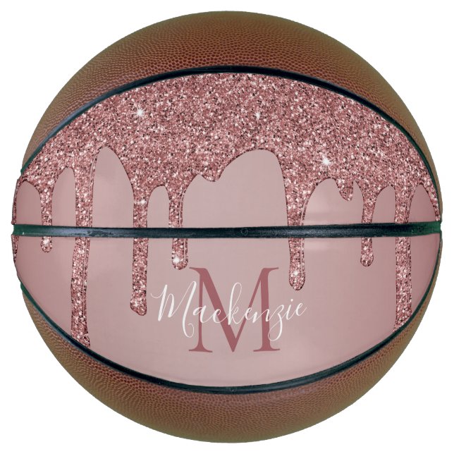 Girly Glam Rose Gold Dripping Glitter Monogram Basketball (Front)