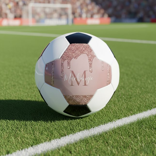 Girly Glam Rose Gold Dripping Glitter Monogram Football (Girly Glam Rose Gold Dripping Glitter Monogram Soccer Ball)