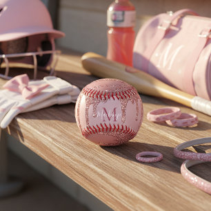 Girly Glam Rose Gold Dripping Glitter Monogram Softball