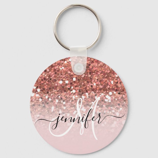 Girly Glam Rose Gold Glitter Luxury Monogram Name Key Ring (Front)