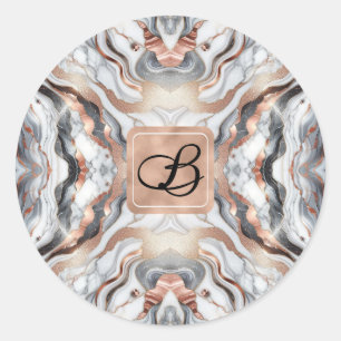 Girly Glam Rose Gold Silver & White Marble Initial Classic Round Sticker