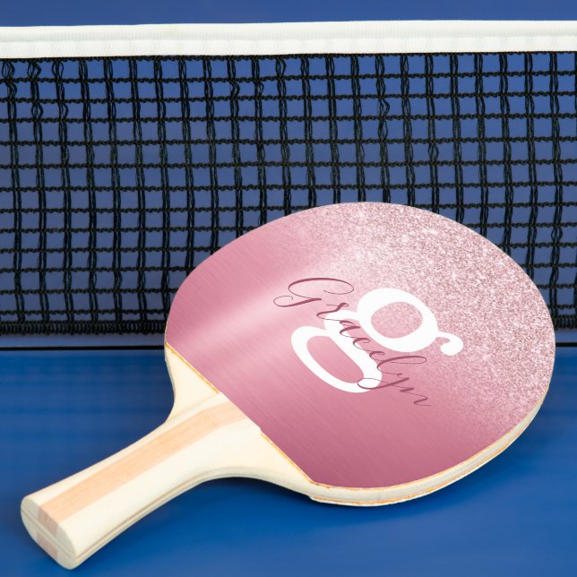 Girly Glam Rose Pink Glitter Monogram Script Name Ping Pong Paddle (Insitu)