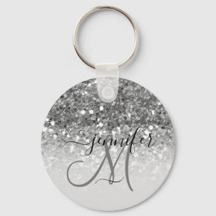 Girly Glam Silver Glitter Luxury Monogram Name Key Ring