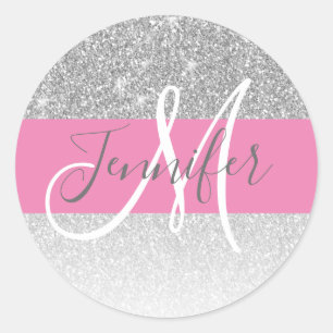 Girly Glam Silver Glitter Pink Monogram Name Classic Round Sticker