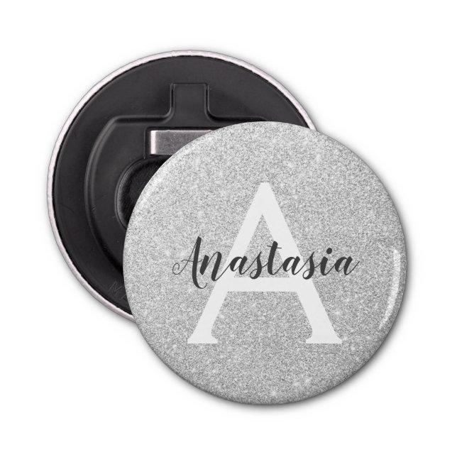 Girly Glam Silver Glitter Sparkles Monogram Name Bottle Opener (Front)