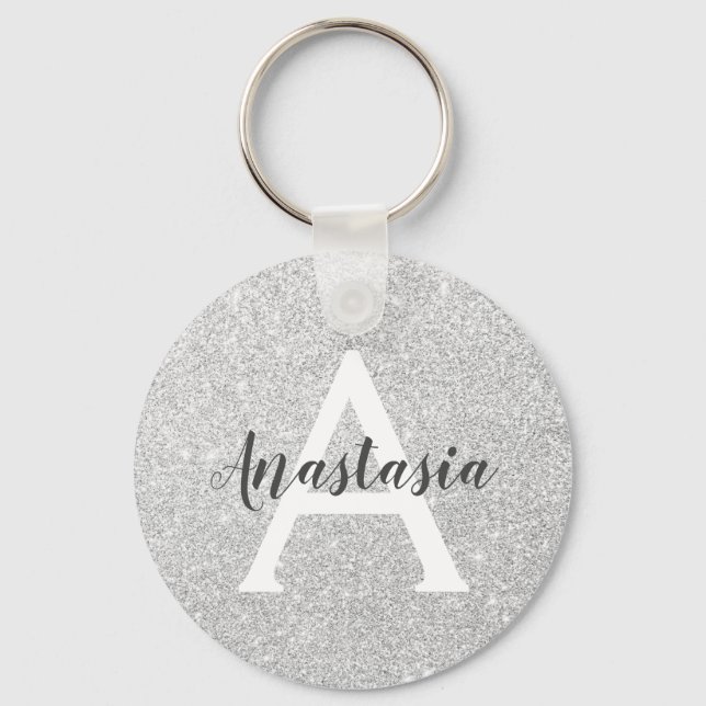 Girly Glam Silver Glitter Sparkles Monogram Name Key Ring (Front)