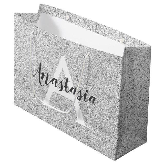 Girly Glam Silver Glitter Sparkles Monogram Name Large Gift Bag (Front Angled)