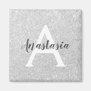 Girly Glam Silver Glitter Sparkles Monogram Name Magnet