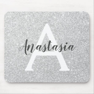 Girly Glam Silver Glitter Sparkles Monogram Name Mouse Mat