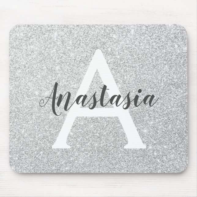 Girly Glam Silver Glitter Sparkles Monogram Name Mouse Mat (Front)