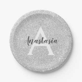 Girly Glam Silver Glitter Sparkles Monogram Name Paper Plate