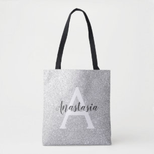 Girly Glam Silver Glitter Sparkles Monogram Name Tote Bag