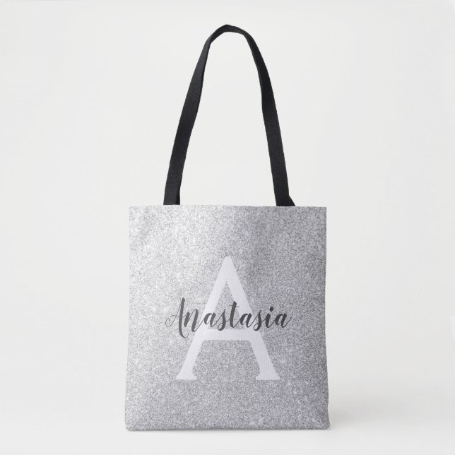 Girly Glam Silver Glitter Sparkles Monogram Name Tote Bag (Front)