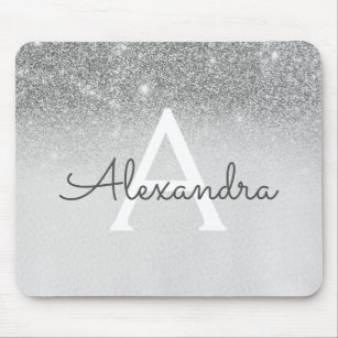 Girly Glam Silver Sparkle Glitter Monogram Ombre Mouse Mat