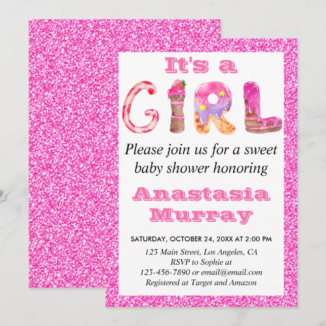 Girly Glam Sweet Hot Pink Glitter Girl Baby Shower Invitation (Front/Back)