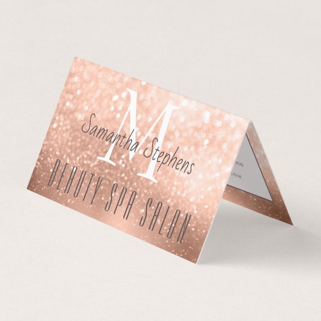 Girly Glamorous Rose Gold Glitter SPA Salon Folded Business Card (Front)