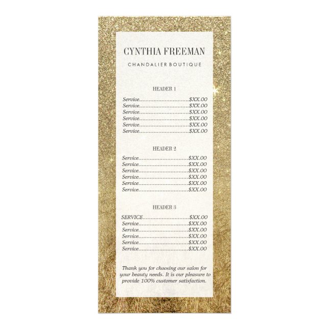 Girly Glamourous Gold Foil and Glitter Mesh Rack Card (Front)