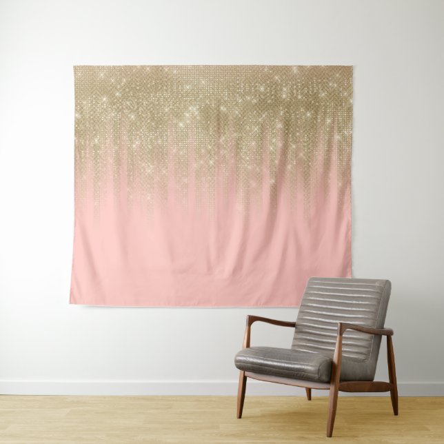 Girly Glamourous Pink Gold Glitter Striped Gradien Tapestry (In Situ (Horizontal))