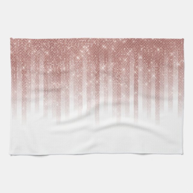 Girly Glamourous Rose Gold Glitter Striped Gradien Tea Towel (Horizontal)