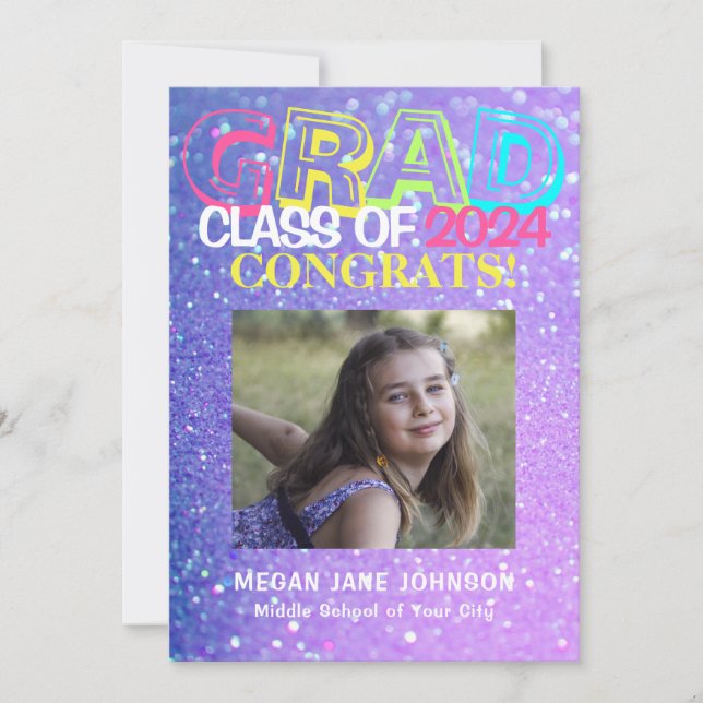 Girly glitter 5 photos middle school 2024 graduate announcement (Front)