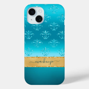 Girly Glitter Blue Gold Glam Metallic Personalised iPhone 15 Case