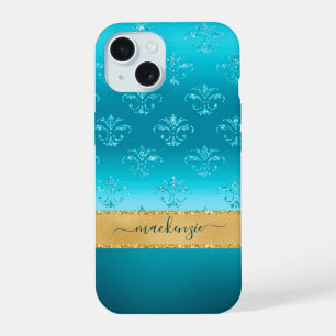 Girly Glitter Blue Gold Glam Metallic Personalised iPhone 15 Case