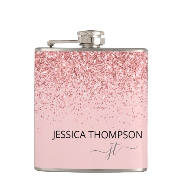Girly Glitter Blush Pink Simple Monogram Name Hip Flask (Front)